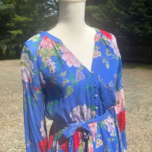 Yumi Kim Sz 0 Blue with floral pattern, chiffon, long sleeve mini dress. - Picture 3 of 16